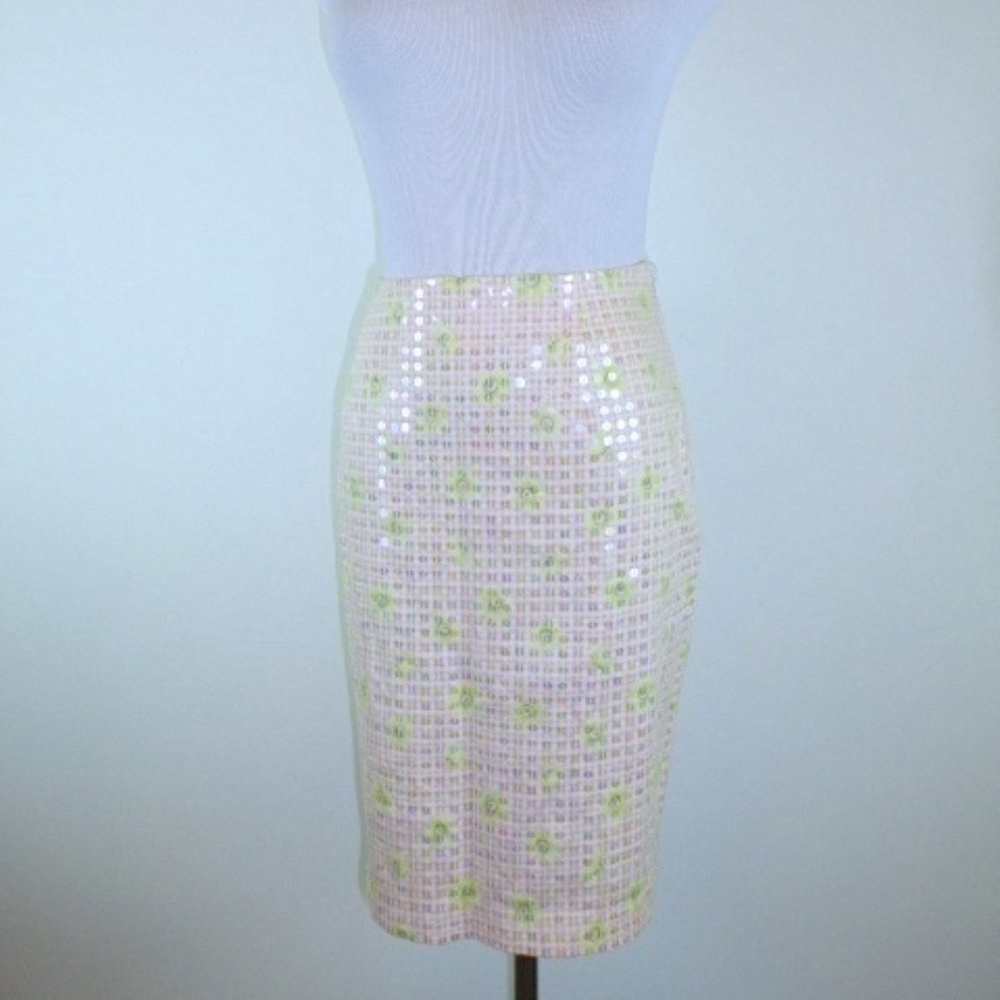 JUDY HORNBY nude pink sequin midi pencil party skirt 8 vintage
